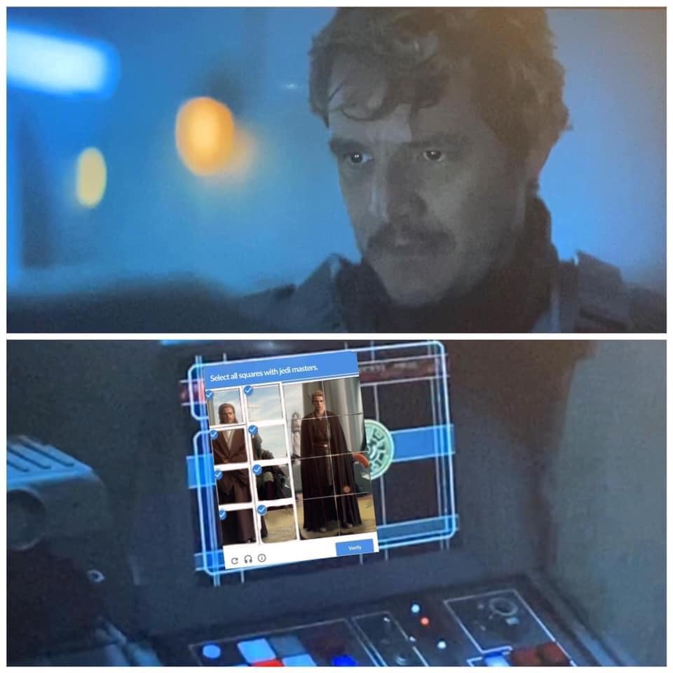 The meme is a screenshot of a Star Wars character, presumably Kylo Ren, attempting to use the Force to select a profile picture on a social media platform. The text "Select all squares with Jedi Masters" appears on the screen, implying that Kylo Ren is trying to use the Force to select a profile picture with a Jedi Master, but is having trouble due to his dark side affiliation. The meme is likely humorous because it pokes fun at the idea that even a powerful Force-user like Kylo Ren can struggle with simple tasks.